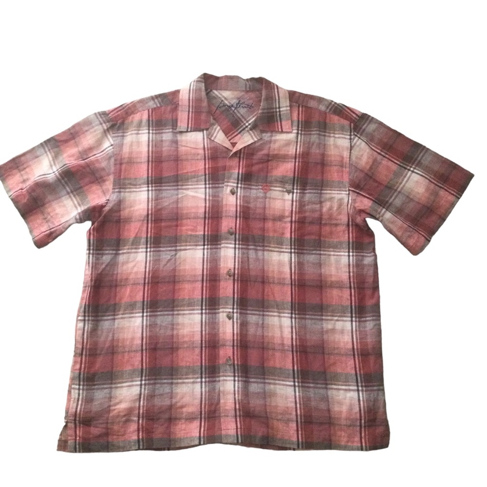 George Strait Shortsleeved Button Down Plaid Linen Blend Shirt Size Large